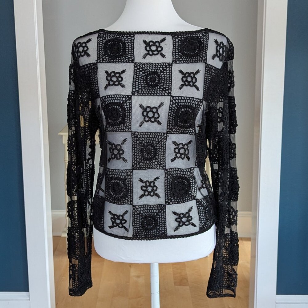 Crochet And Beaded Black Mesh Checkerboard Top Whimsigoth Y2K Small
